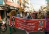 NC women wing activists taking out protest march in Jammu on Monday.