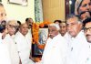 NC leaders paying tributes to Sheikh Abdullah at Sher-e-Kashmir Bhawan Jammu on Saturday.