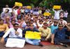 Teachers from J&K protesting at Jantar Mantar in New Delhi on Monday.