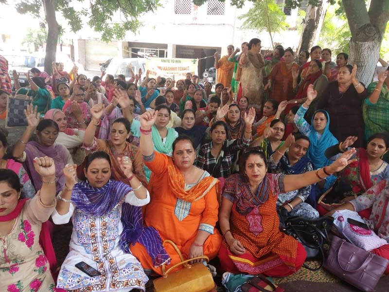 FMPHWs staging protest in office complex of Directorate of Health Services, Jammu. FMPHWs staging protest in office complex of Directorate of Health Services, Jammu.