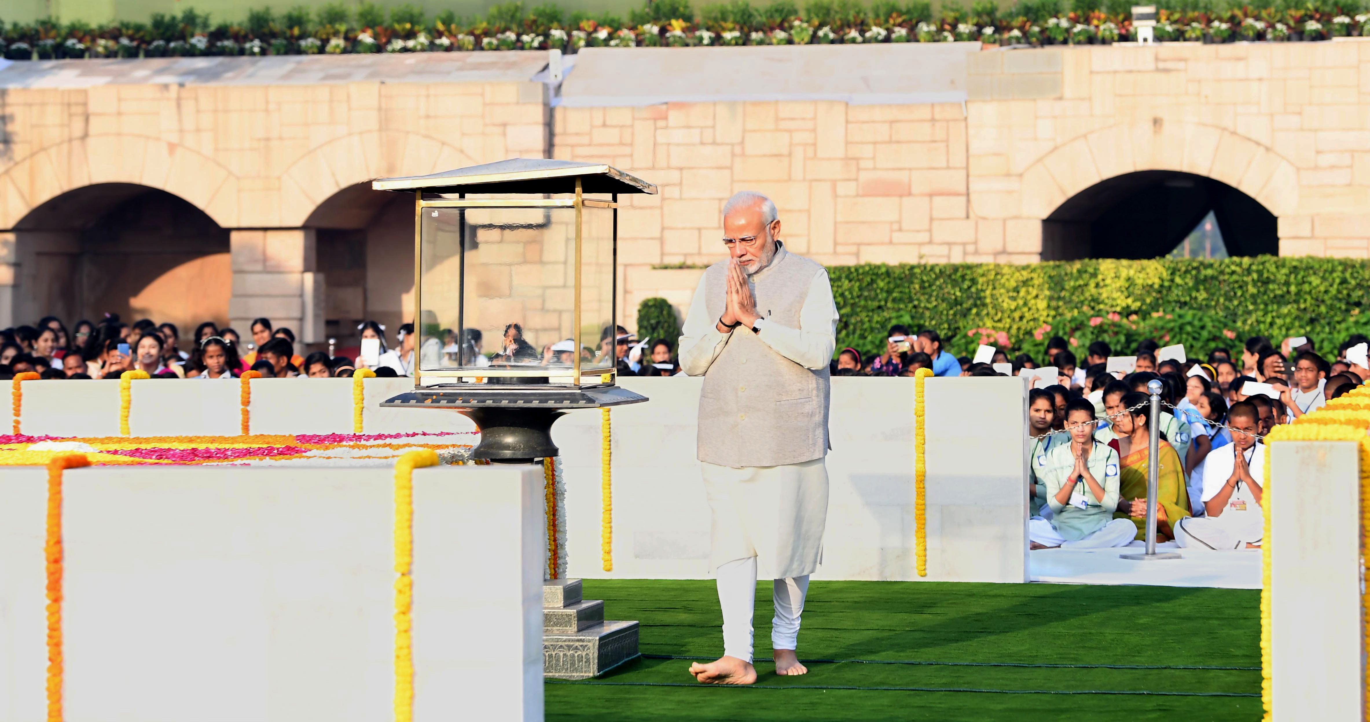 Prime Minister, Narendra Modi performing parikrama at the Samadhi of Mahatma Gandhi on his 149th birth anniversary, at Rajghat, in Delhi on Tuesday. Prime Minister, Narendra Modi performing parikrama at the Samadhi of Mahatma Gandhi on his 149th birth anniversary, at Rajghat, in Delhi on Tuesday.