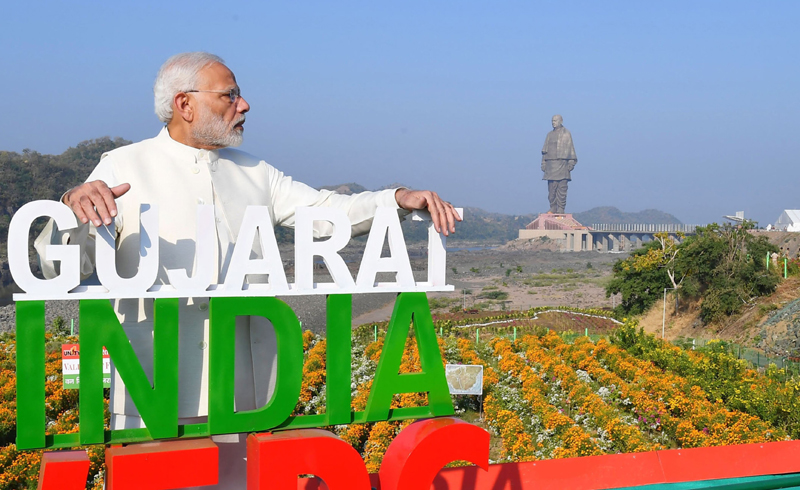 Prime Minister Narendra Modi at the inauguration of the Valley of Flowers, during the dedication ceremony of the ‘Statue of Unity’ to the Nation, on the occasion of the Rashtriya Ekta Diwas, at Kevadiya, in Narmada District of Gujarat on Wednesday. (UNI) Prime Minister Narendra Modi at the inauguration of the Valley of Flowers, during the dedication ceremony of the ‘Statue of Unity’ to the Nation, on the occasion of the Rashtriya Ekta Diwas, at Kevadiya, in Narmada District of Gujarat on Wednesday. (UNI)