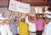 Officers of J&K Bank celebrating its 80th foundation day in Jammu City.