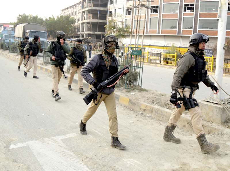 Security forces in action during an encounter at Nowgam in Srinagar on Wednesday. —Excelsior/Shakeel Security forces in action during an encounter at Nowgam in Srinagar on Wednesday. —Excelsior/Shakeel