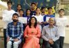 State climbers posing for a photograph with Principal of Apple Kids Arti Sharma and General Secretary Mountaineering Association of J&K Ram Khajuria on their return from the National Championship.