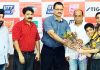 Young paddlers presenting a bouquet to Divisional Sports Officer (J) Ravi Singh during inaugural ceremony of 4th 11 Sports Interschool TT Championships.