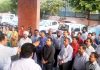 Bank employees protesting at Panama Chowk Jammu on Tuesday.