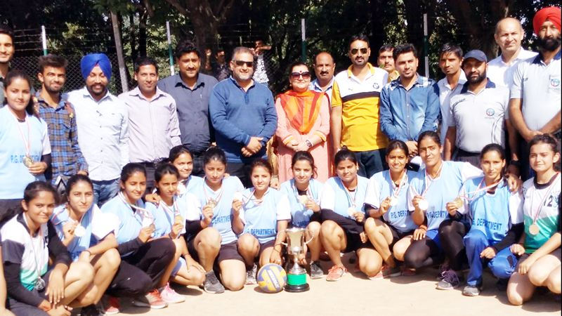 Winners of Inter-Collegiate Volleyball Tournament posing along with chief guest and other dignitaries in Jammu. Winners of Inter-Collegiate Volleyball Tournament posing along with chief guest and other dignitaries in Jammu.