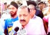 Union Minister Dr Jitendra Singh speaking to media persons outside a polling booth at Jammu on Monday.