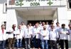 Doctors staging protest at District Hospital, Doda on Monday.