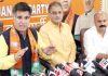 BJP State president, Ravinder Raina, former Deputy CM, Kavinder Gupta and general secretary, Yudhvir Sethi at a press conference at Jammu on Wednesday. -Excelsior/ Rakesh