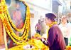 Dr Karan Singh paying floral tributes to Maharaja Gulab Singh on his birth anniversary.