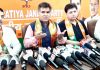 BJP leaders at a press conference at Party Headquarters, Trikuta Nagar on Sunday.