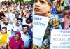 PHE workers staging protest in Jammu (L) and their children join protest dharna in Srinagar (R) on Tuesday. -Excelsior / Rakesh & Shakeel