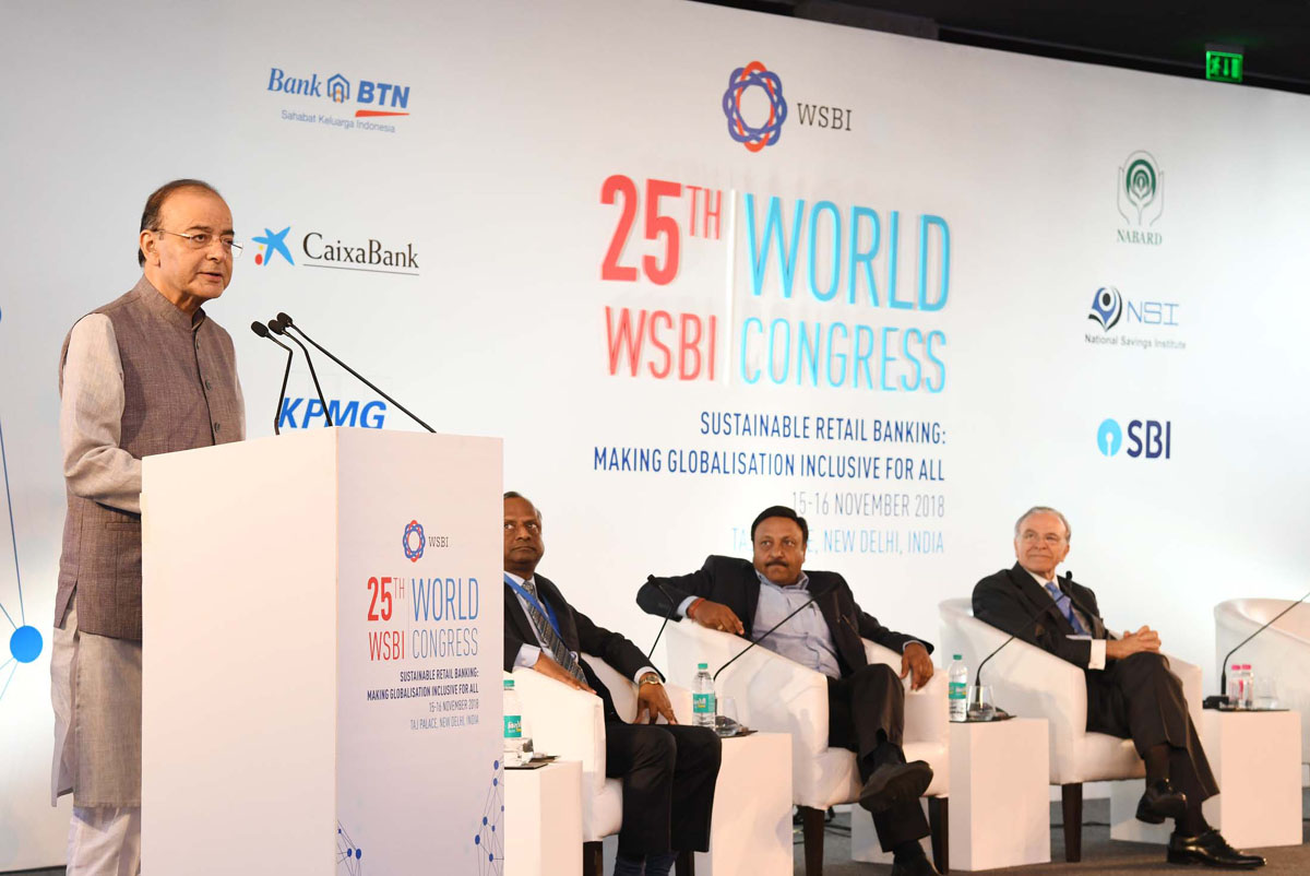 Union Minister for Finance and Corporate Affairs, Arun Jaitley delivering the inaugural address at the World Congress of Savings & Retail Banks, in New Delhi on Thursday. Union Minister for Finance and Corporate Affairs, Arun Jaitley delivering the inaugural address at the World Congress of Savings & Retail Banks, in New Delhi on Thursday.