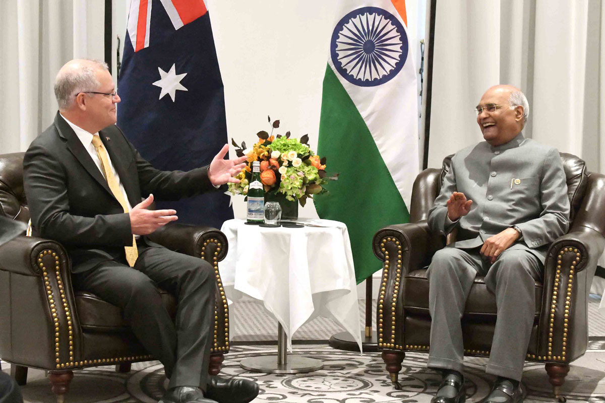 Scott Morrison, Prime Minister of Australia, calling on President Ram Nath Kovind in Sydney, Australia on Thursday. (UNI) Scott Morrison, Prime Minister of Australia, calling on President Ram Nath Kovind in Sydney, Australia on Thursday. (UNI)