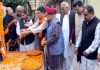 Senior BJP leaders paying tributes to Anil Parihar at Trikuta Nagar Party office on Sunday.