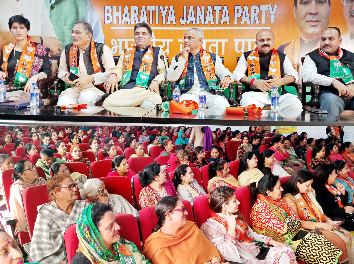 BJP leaders during Mahila Morcha Abhiyan at Party Headquarters, Trikuta Nagar on Thursday. BJP leaders during Mahila Morcha Abhiyan at Party Headquarters, Trikuta Nagar on Thursday.