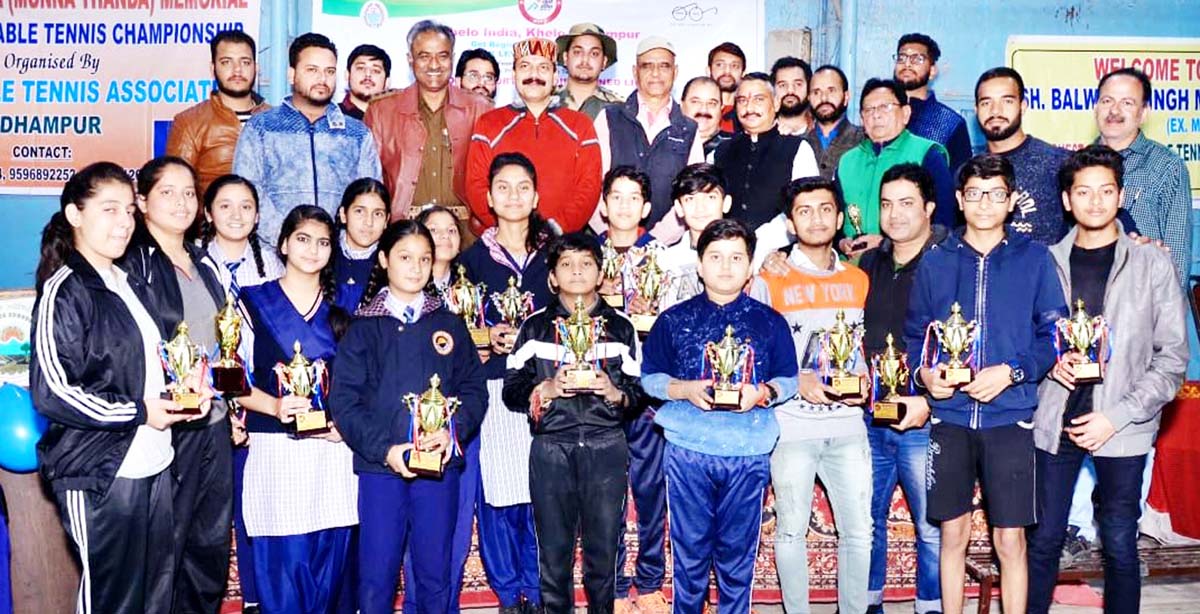 Winners and participants of Table Tennis Championship posing for photograph with ex-MLA Balwant Singh Mankotia and others at Udhampur on Thursday. Winners and participants of Table Tennis Championship posing for photograph with ex-MLA Balwant Singh Mankotia and others at Udhampur on Thursday.