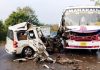 A view of collision between Scorpio and a bus near Aghar Jitto, on Katra-Reasi Road on Friday morning. -Excelsior/ Ramesh Mengi