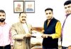 Union Minister Dr Jitendra Singh receiving a memorandum from a youth delegation from district Doda, on Monday.