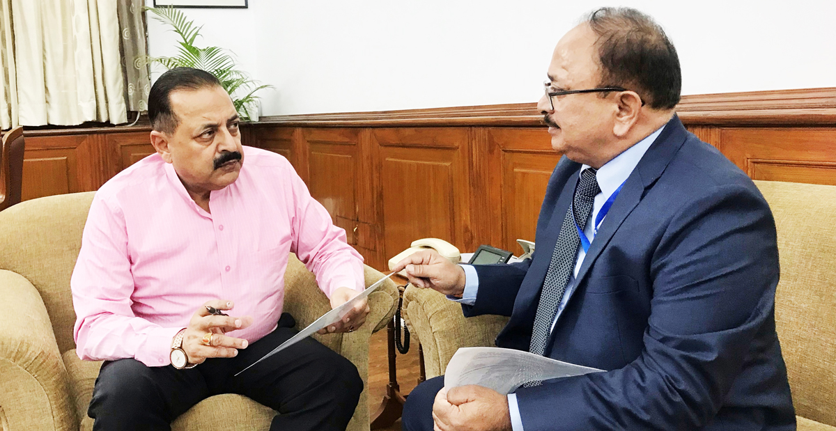 page3 Union Minister Dr Jitendra Singh being briefed about Kathua Biotech Park project by National Project Construction Corporation (NPCC) Chairman, Manohar Kumar at New Delhi.