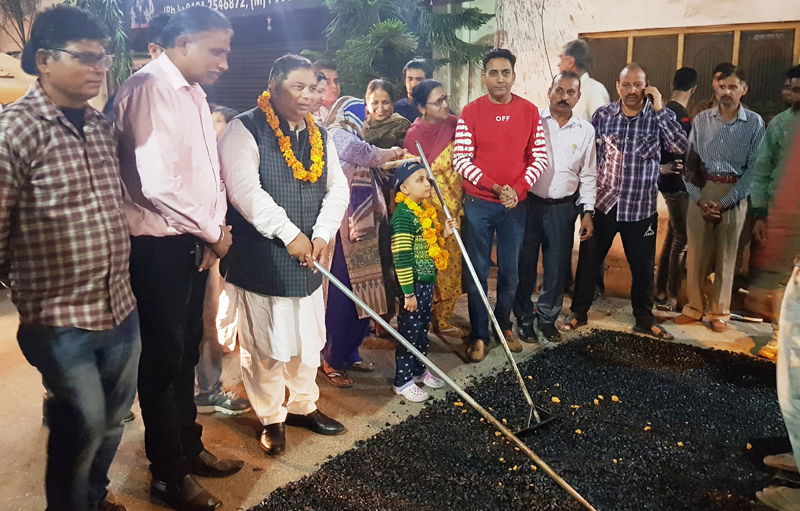 MLA Sat Sharma starting blacktopping work at Sarwal in Jammu on Thursday. MLA Sat Sharma starting blacktopping work at Sarwal in Jammu on Thursday.