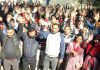 PHE daily wagers staging protest demonstration at Press Club in Jammu on Monday. -Excelsior/ Rakesh