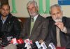 Private Schools Association members addressing press conference at Srinagar on Tuesday. —Excelsior/Shakeel