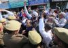 VRS given SRTC workers being stopped by police during protest march near Press Club in Jammu on Monday. —Excelsior/Rakesh