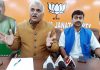 BJP senior leader and MLC, Ramesh Arora alongwith party state media incharge, Pardeep Mahotra talking to reporters at Jammu on Monday.