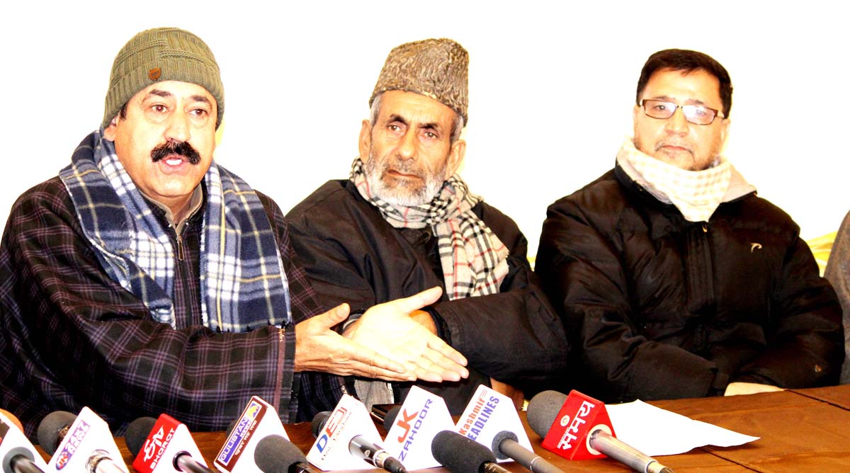 Newly elected Panchs and Sarpanchs addressing press conference in Srinagar on Friday. -Excelsior/Shakeel Newly elected Panchs and Sarpanchs addressing press conference in Srinagar on Friday. -Excelsior/Shakeel