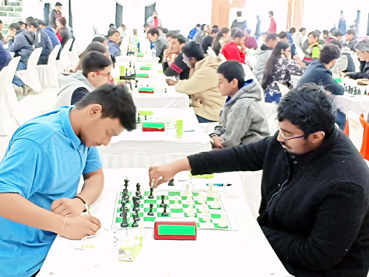 Chess players making moves during their matches in the ongoing Senior National Chess Championship at Jammu on Monday. —Excelsior/Rakesh Chess players making moves during their matches in the ongoing Senior National Chess Championship at Jammu on Monday. —Excelsior/Rakesh