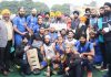 Winners of Hockey Tournament posing along with chief guest and other dignitaries in Jammu on Wednesday. -Excelsior/Rakesh