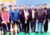 Former Minister Chander Parkash Ganga and officials of JKBA during prize distribution function at Badminton Hall, MA Stadium Jammu on Saturday.
