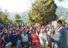 Senior Cong leader Sham Lal Sharma addressing public meeting in Akhnoor on Saturday.