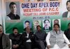 PCC chief GA Mir, senior leaders Mula Ram, Raman Bhalla and others at Cong meeting in Jammu on Sunday.