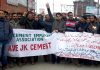 JK Cement employees protesting in Srinagar. — Excelsior/Shakeel