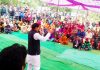 Panthers Party leader Harsh Dev Singh addressing a public gathering at Majalta on Monday.