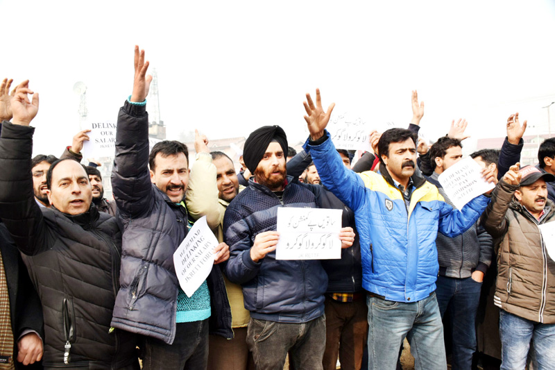 Rehbar-e-Taleem teachers staging protest in Srinagar on Monday. -Excelsior/Shakeel Rehbar-e-Taleem teachers staging protest in Srinagar on Monday. -Excelsior/Shakeel