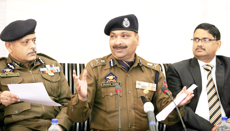 DGP Dilbag Singh flanked by senior police officers addressing a press conference in Jammu on Monday. -Excelsior/Rakesh DGP Dilbag Singh flanked by senior police officers addressing a press conference in Jammu on Monday. -Excelsior/Rakesh