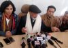 Prof Bhim Singh addressing a press conference at Jammu on Saturday.