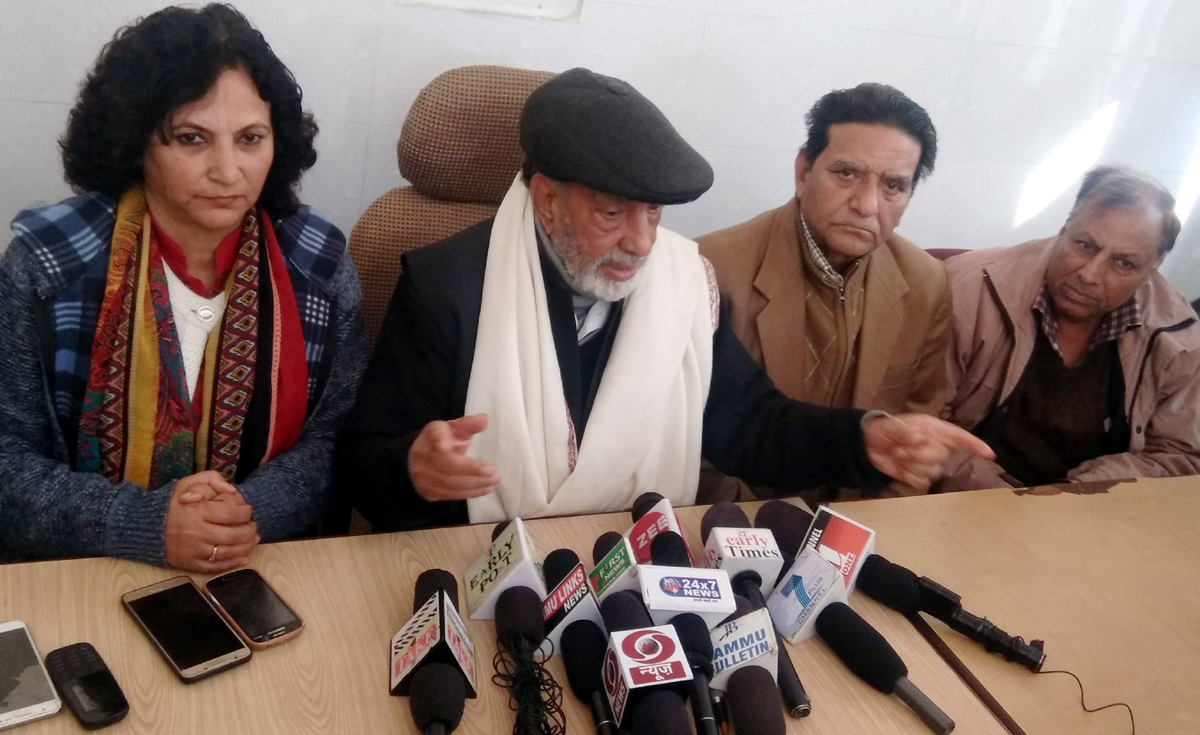 Prof Bhim Singh addressing a press conference at Jammu on Saturday. Prof Bhim Singh addressing a press conference at Jammu on Saturday.