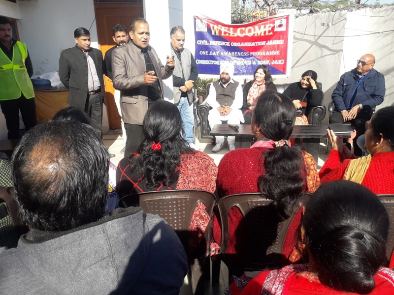 An instructor addressing a gathering during an awareness programme by Civil Defence at Jammu on Saturday. An instructor addressing a gathering during an awareness programme by Civil Defence at Jammu on Saturday.