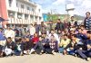 NPP activists and others staging protest outside DC office at Udhampur on Tuesday.