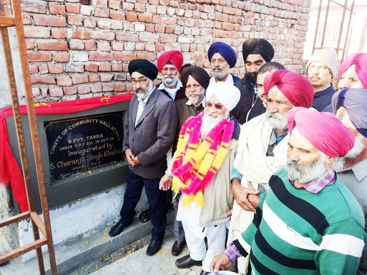 MLC Charanjeet Singh Khalsa inaugurating tile work of a Community Hall in R.S Pura on Saturday. MLC Charanjeet Singh Khalsa inaugurating tile work of a Community Hall in R.S Pura on Saturday.