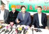 PCC Chief GA Mir, flanked by other senior leaders addressing press conference in Jammu on Tuesday. -Excelsior/Rakesh