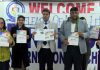 Chief guest Talat Parvez Rohella, Excise Commissioner, Jammu and other dignitaries releasing School Newsletter on Monday.