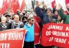 Leaders of various Trade Unions taking out protest rallies in Jammu and Srinagar on Tuesday. -Excelsior Rakesh/Shakeel
