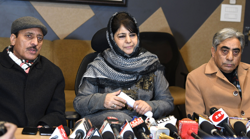 PDP President Mehbooba Mufti addressing a press conference in Srinagar. — Excelsior/Shakeel PDP President Mehbooba Mufti addressing a press conference in Srinagar. — Excelsior/Shakeel
